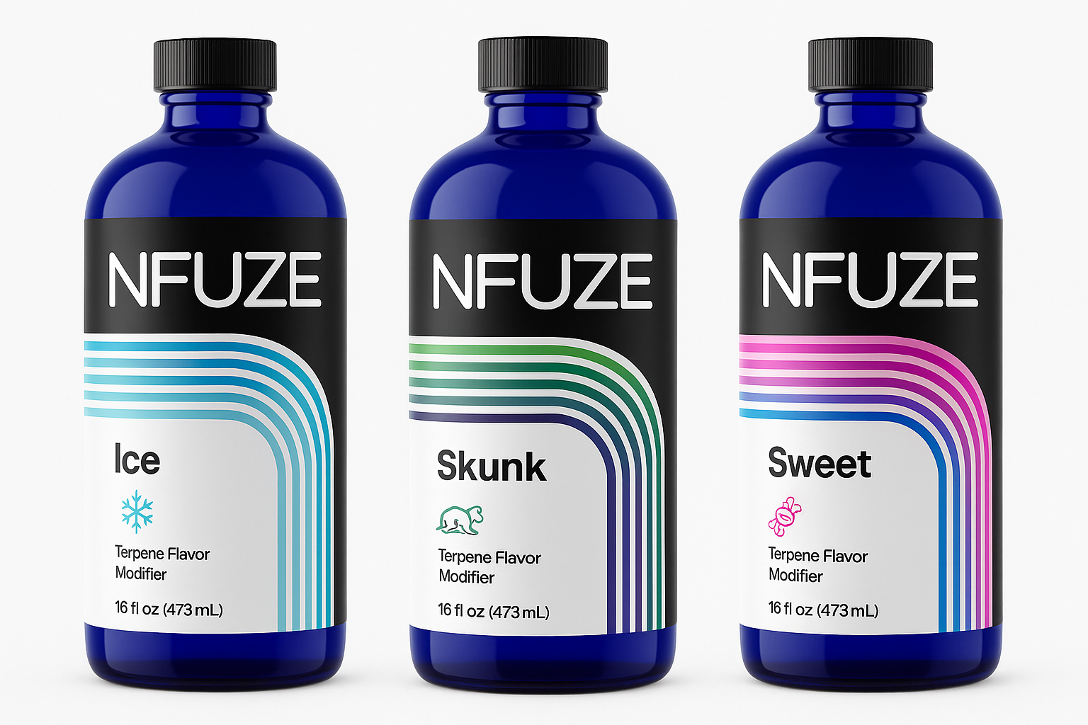 NFUZE Terpene Flavor Modifiers - Ice, Skunk, and Sweet varieties showing the professional terpene products used in the infusion process
